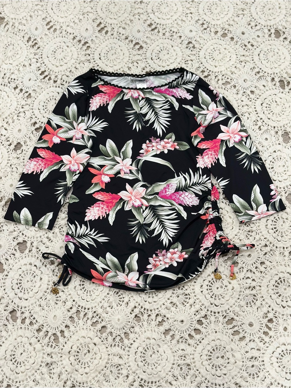 Tommy Bahama Black Floral Ruched-Side Three-Quarter Sleeve Tunic Sz M Beach